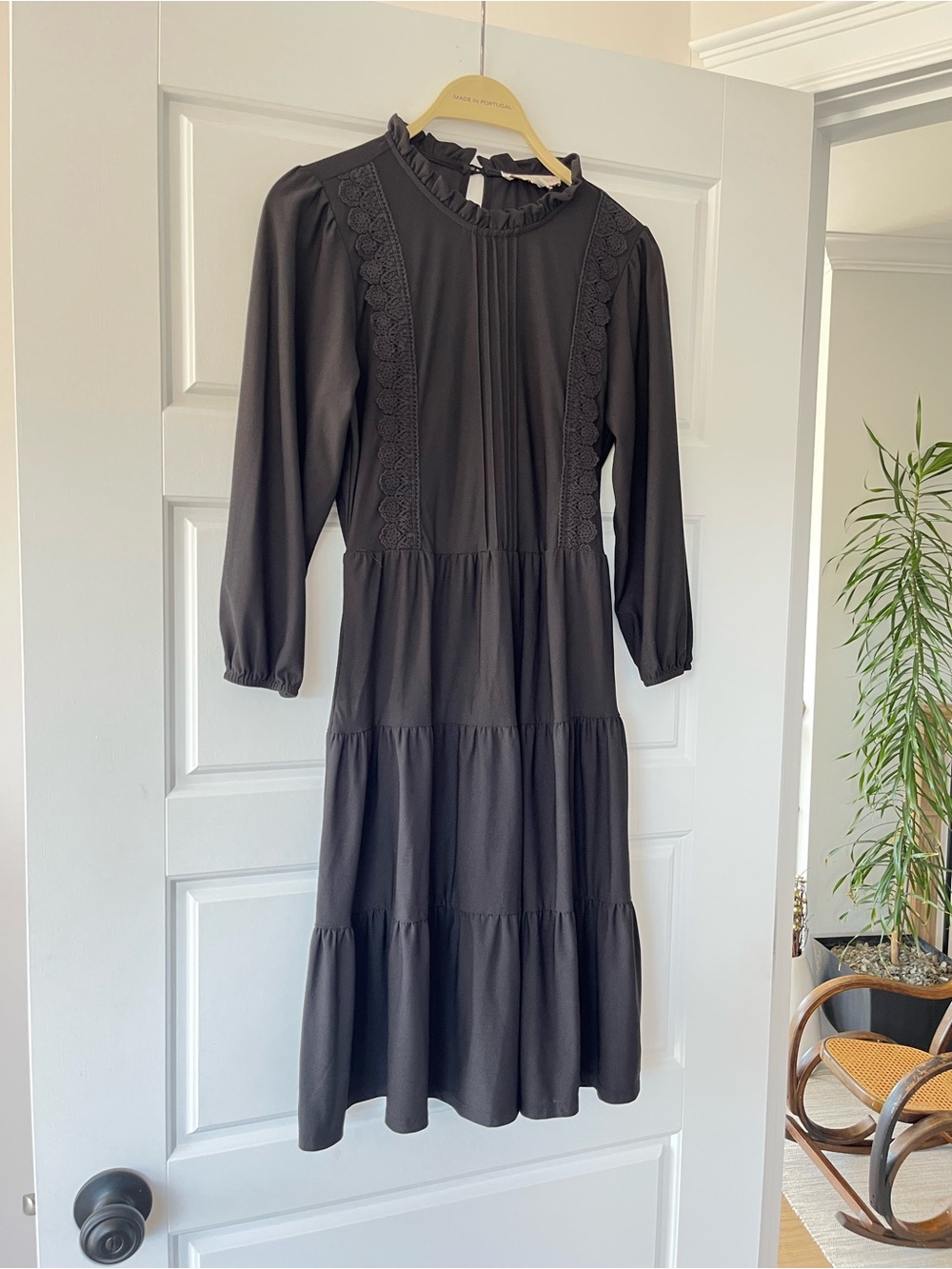 Monteau Black Long Sleeve Ruffle-Neck Tiered Dress